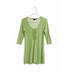 Boden Green Print Dress Sz 12 Cotton Modal 3/4 Sleeve Ruffle Button Front